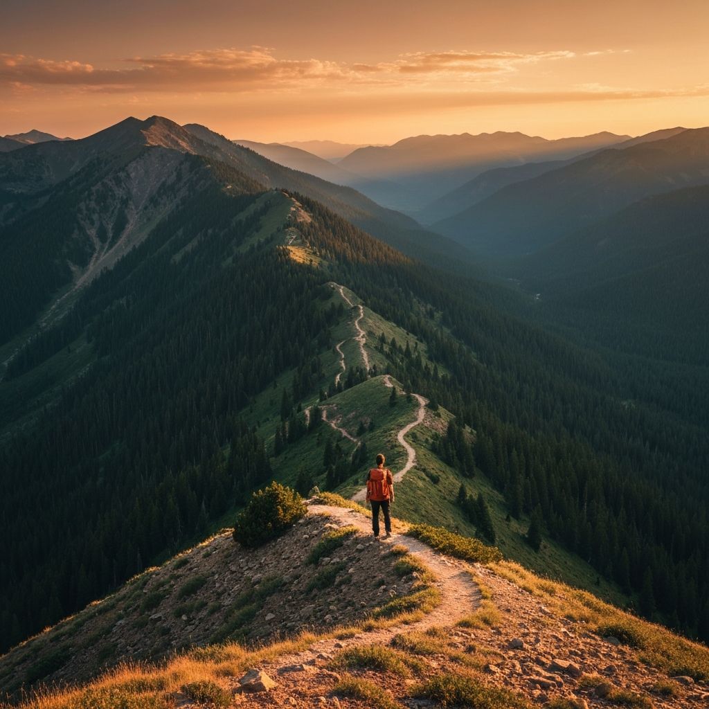 Hiker overlooking a vast mountain valley at golden hour